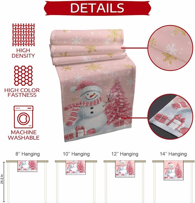 Pink Christmas Snowman Table Runners 90 Inches Long, Cotton Linen Fabric - Image 8