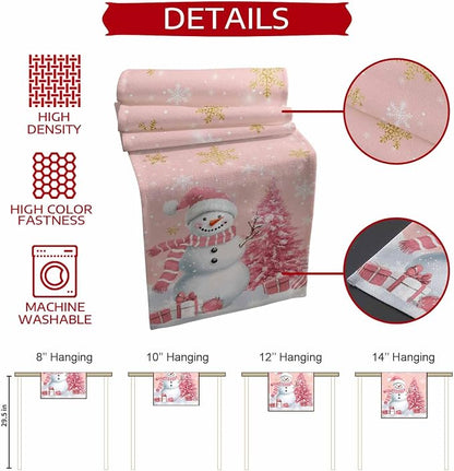Pink Christmas Snowman Table Runners 90 Inches Long, Cotton Linen Fabric - Image 8