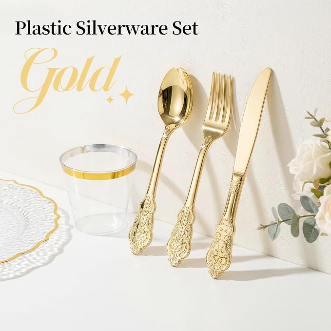 300PCS Gold Plastic Silverware, Vintage Disposable Utensils & Cutlery | 100 - Image 7