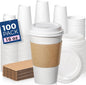 Fit Meal Prep 100 Pack 16 oz Disposable Coffee Cups with Lids, Sleeves, Leak-Proof To Go Coffee Cups with Lids, Durable Hot Paper Cups for Home, Office, Party, Business