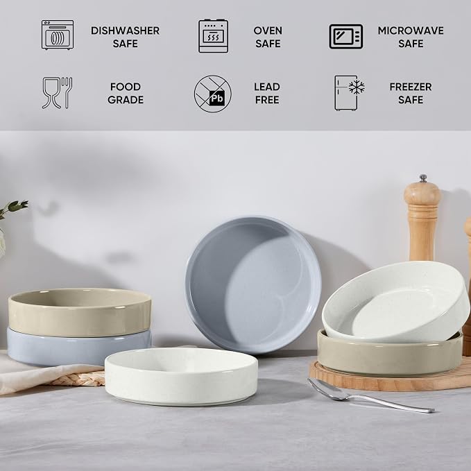 E-far Pasta Bowls Set of 6, 35 oz Large Stoneware Bowl Plates | Shallow & Wide - Image 6
