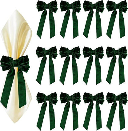 Dark Green Velvet Bow Napkin Rings Set of 12 - Luxury Soft Velvet Napkin Holders, Elegant Bow Design for Christmas Holiday Dinner Wedding Party Table Decor