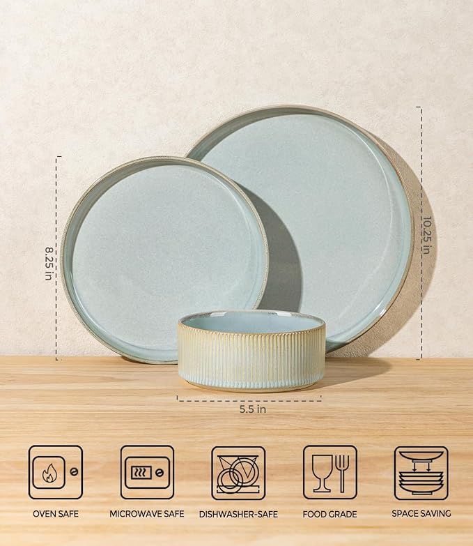 Ceramic Dinnerware Set for 8, 24-Piece Plates and Bowls Set | Lightweight - Image 2