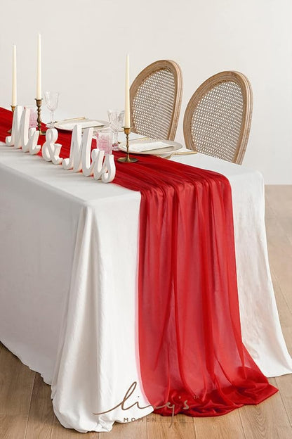 Ling's Moment 14Ft Red Table Runner, Wedding Sheer Chiffon Table Runners | - Image 2
