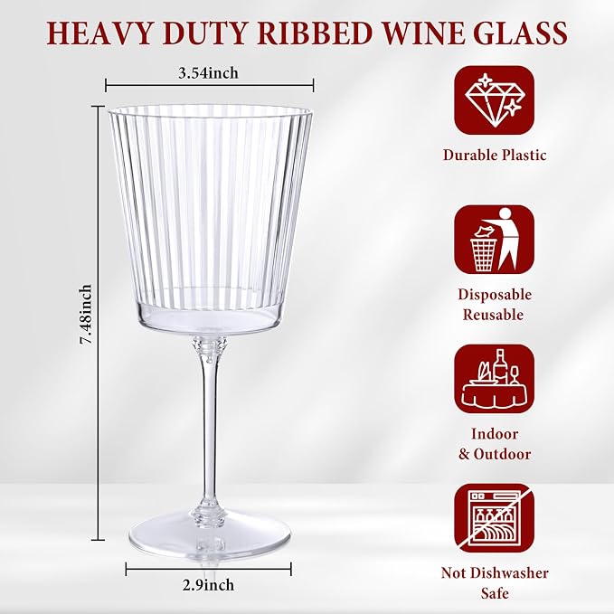 LIYH 20 Pcs Plastic Ribbed Wine Glasses 13.5 Oz, Plastic Goblets Vintage Style - Image 9