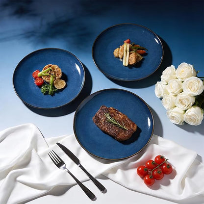 Organic Shape Highland Ceramic Dinner Plates, 12pcs 11.65 Inch Handmade Reactive Glaze Stoneware Plates with Wavy Edge, for Kitchen, Microwave & Dishwasher Safe, Scratch Resistant-Blue