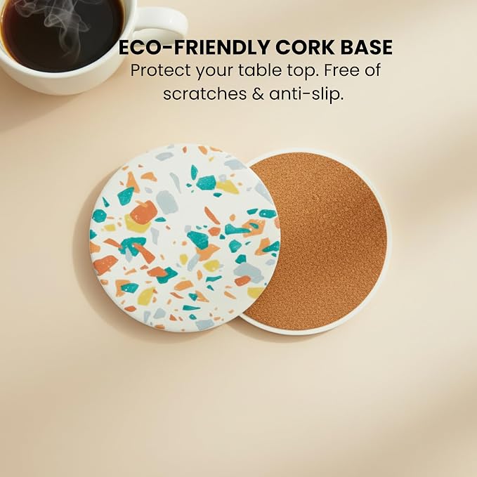 Terrazzo Coasters Set of 6, Colorful Boho Absorbent Ceramic Coasters | Speckled - Image 6