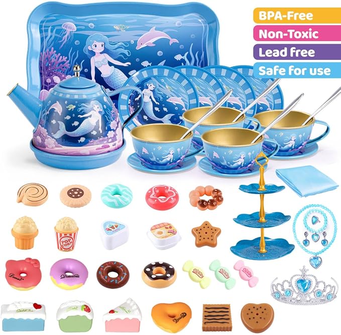 iAOVUEBY Tea Party Set for Little Girls, Kids Pretend Play Kitchen Toys - Image 3