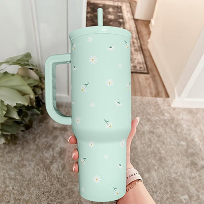 Daisy 40oz Tumbler with Handle and Straw – Flower Insulated Stainless Steel - Image 8