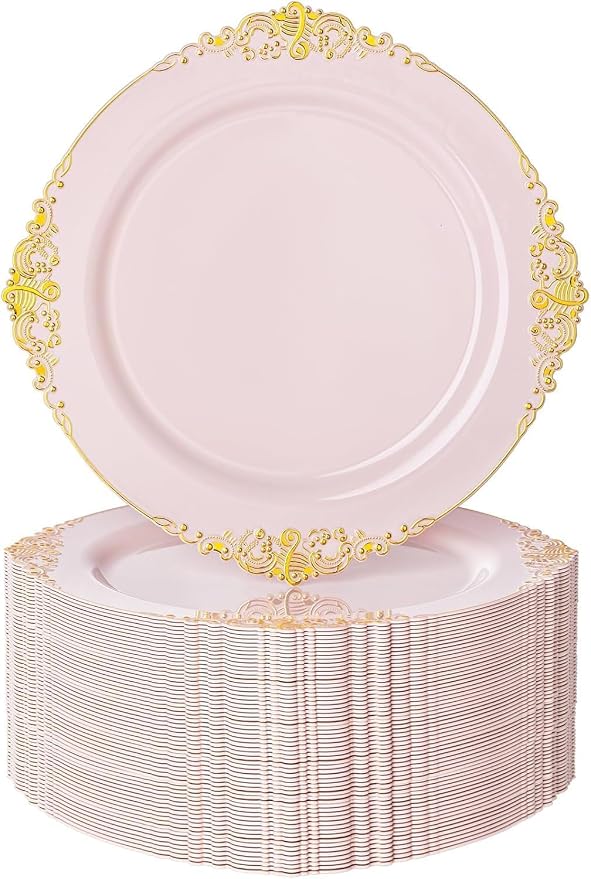 Nervure 100Pcs 10.25'' Pink Plastic Plates, Heavy Duty Disposable Plates by Nervure