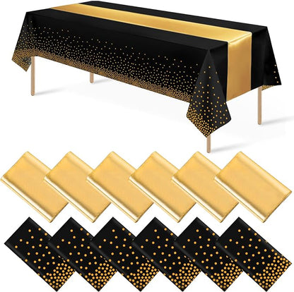 12Pack Disposable Plastic Tablecloths and Satin Table Runner Set Black and Gold by MASHAN
