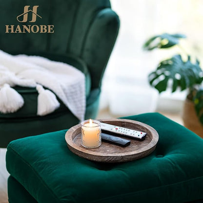 Hanobe Wooden Tray for Coffee Table, Decorative Round Candle Holder Plate | - Image 7