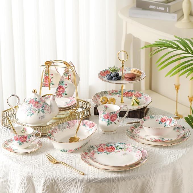15 Piece British Bone China Tea Cup Sets, Elegant red Rose Pattern, Cups and - Image 2
