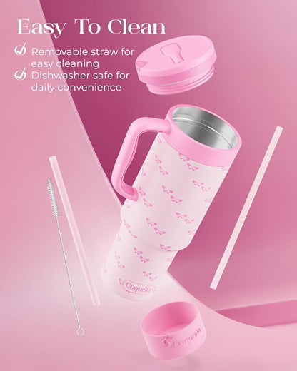 40 oz Insulated Tumbler with Handle and Push-Button Straw Lid, Stainless Steel - Image 6