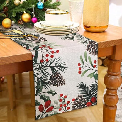 Christmas Winter Table Runner, Holly Berry Pine Cone Needle Branch Table - Image 5