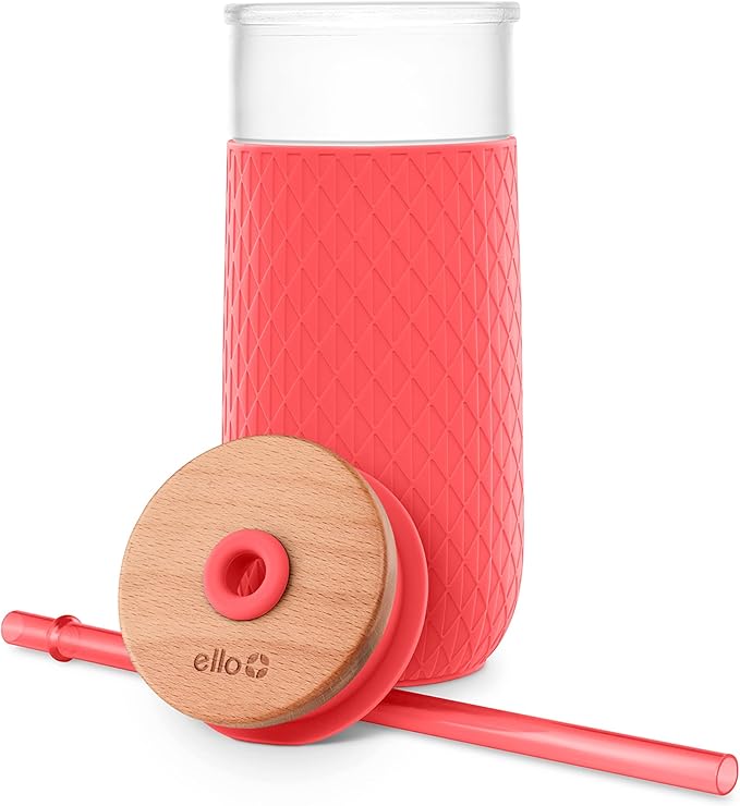 Ello Devon Glass Tumbler with Splash Proof Wooden Lid and Straw, Protective No - Image 6