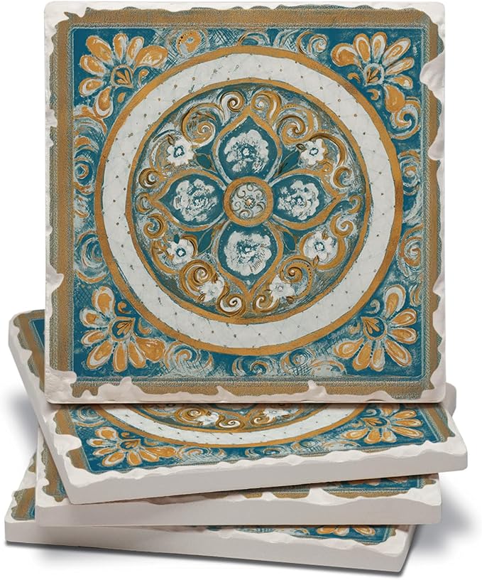 Thirstystone Medallion 4 Pack Tumbled Tile Stone Coasters | 4" Square, by CounterArt