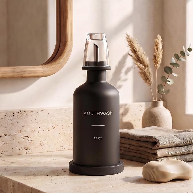 Glass Mouthwash Dispenser for Bathroom, Stainless Steel & Bamboo Nozzle - Image 5