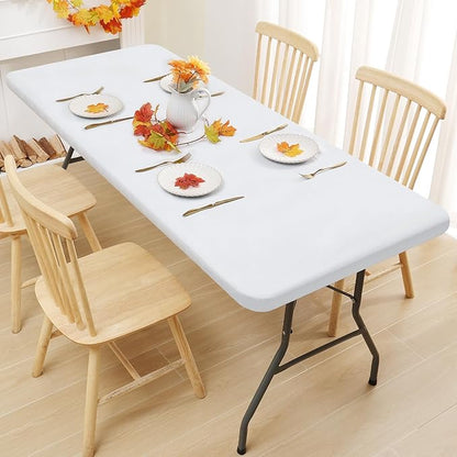 Smiry Rectangle Tablecloth, Elastic Fitted Flannel Backed Vinyl Tablecloths for 4ft Folding Tables, Waterproof Wipeable Table Covers for Indoor, Outdoor, Picnic and Camping (White, 24"x48")