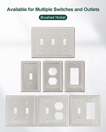 6-Pack Decorator Outlet Cover Plate, Decorative Switch Plates and Outlet Covers, Brushed Nickel Metal Wall Plates for Electrical Outlets, Receptacle, GFCI Outlet, Dimmer Switch