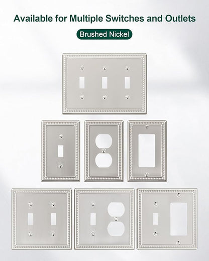 2-Pack Combo Toggle/Duplex Light Switch Cover Plate, Brushed Nickel Metal Wall Outlet Cover, Decorative Classic Beaded Wall Plate