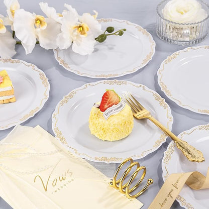 DaYammi 60PCS White and Gold Plastic Plates, Disposable Heavy Duty Plates Premium 7.5inch White Dessert Cake Salad Appetizer Plates Hard Plastic Platos Disposable for Party Wedding