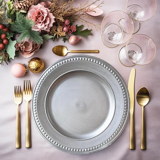 Antique Silver Charger Plates, 13 Inch Vintage Dinner Plate Chargers Round - Image 7