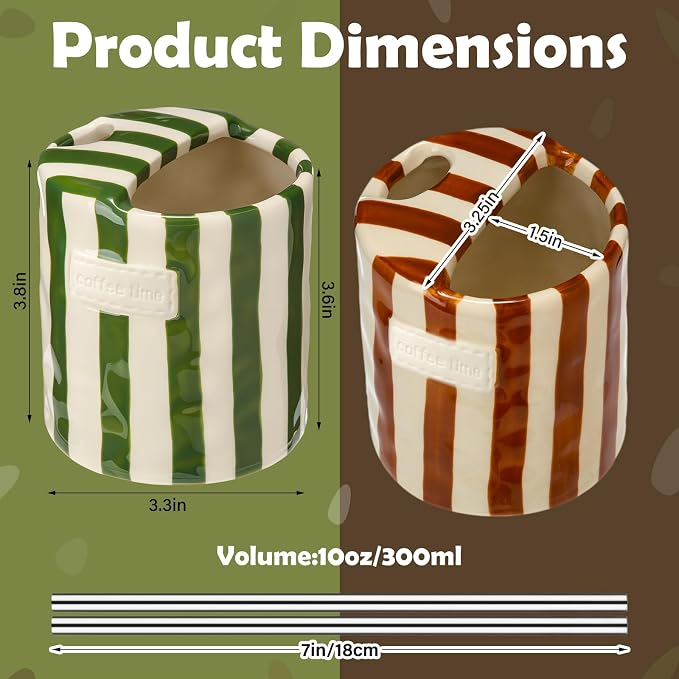 2 Pack Ceramic Coffee Mug with Sip Hole Espresso Cup 10oz with Straws Retro - Image 2