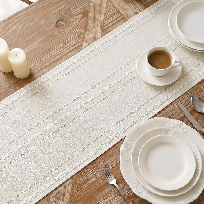 Boho Table Runner with Hand Tassels, Rustic Handwoven with Texture Fringe Table - Image 3