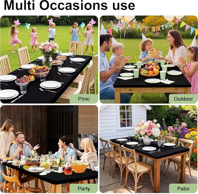 Smiry Rectangle Picnic Table Cloth, Waterproof Elastic Fitted Tablecloths for 4 Foot Tables, Washable Polyester Table Cover for Camping, Indoor and Outdoor (Black, 30"x48")