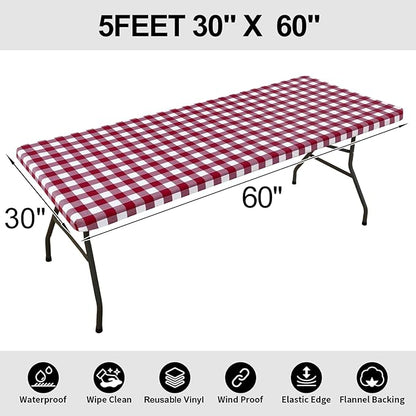 Smiry Rectangle Picnic Table Cloth, Elastic Waterproof Fitted Vinyl Tablecloths, Flannel Backed Buffalo Plaid Table Covers for Dining, Camping, Outdoor (Burgundy and White, 30" x 60")