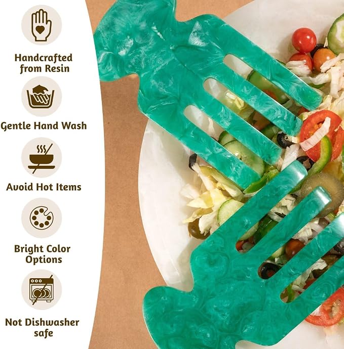 Folkulture Resin Salad Hands | Aqua Teal Serving Utensils Set of 2, 8 inch | - Image 2