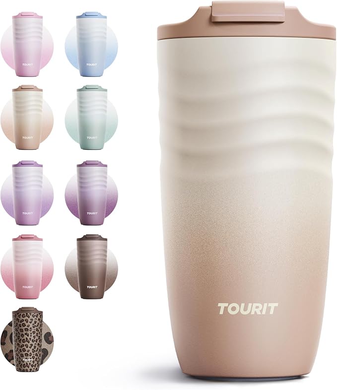 TOURIT 16 oz Insulated Travel Coffee Mug Stainless Steel Tumbler, Khaki | by TOURIT