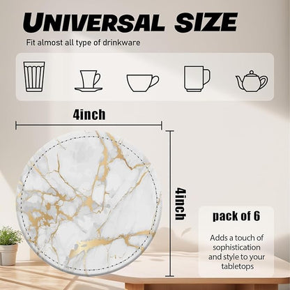 Coasters for Drinks PU Leather,Set of 6 with Holder,Round Housewarming Gift Home Decor,White and Golden Marble