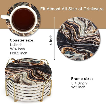 6 Pcs Black and Gold Marble Coasters with Holder Best Round Absorbent Coasters for Drinks, Coffee, Beer, Table Marble Personalized Coaster Sets