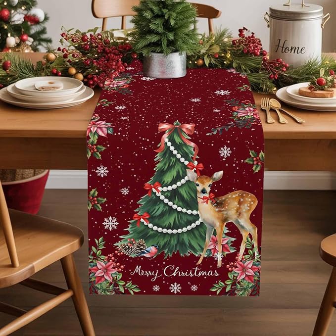 Christmas Reindeer Table Runners 60 Inches Long, Cotton Linen Fabric Red Table - Image 5