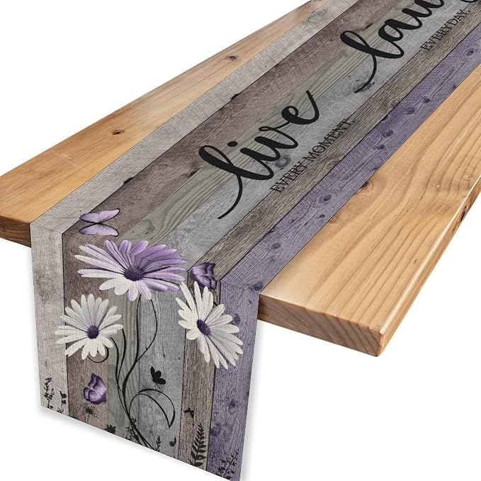 Daisy Floral Table Runner, Rustic Purple Wild Flowers Wooden Boho Spring - Image 4