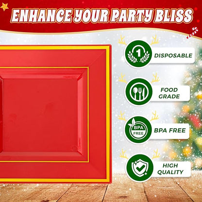 Liacere 100PCS Red and Gold Square Plastic Plates-50PCS Heavy Duty 9.5inch Disposable Dinner Plates and 50PCS 6inch Red Dessert Plate - Gold Plastic Plate for Party&Wedding&Valentine's Day
