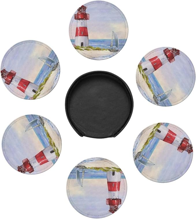 6 Pcs Coastal Lighthouse Leather Coasters - Image 7