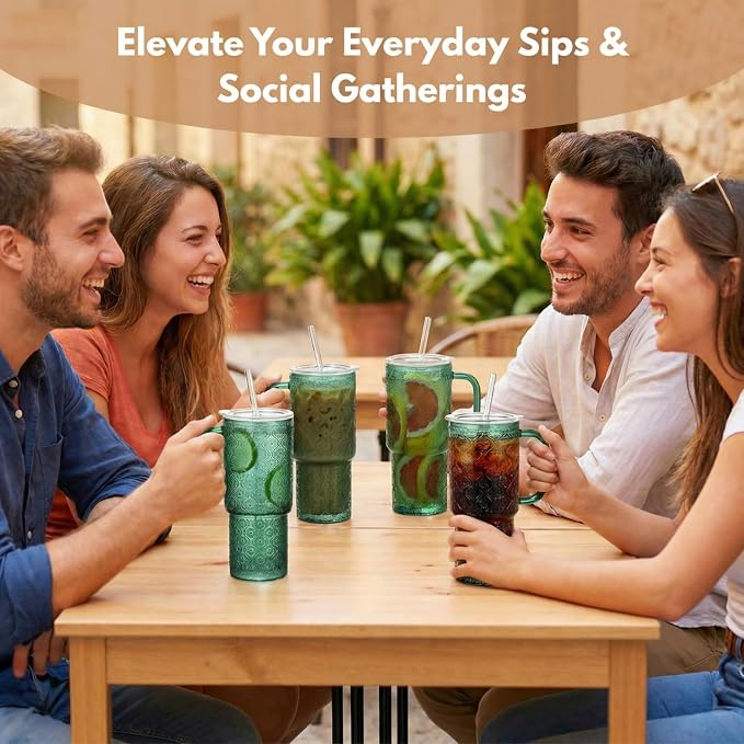 20 oz Green Glass Tumbler with Lid and Straw, Glass Iced Coffee Cups, - Image 6
