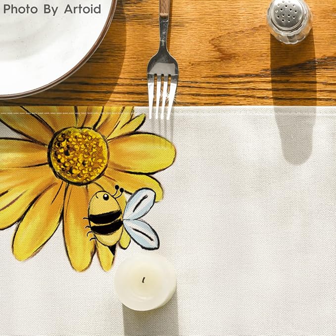 Artoid Mode Beige Bee Sunflower Summer Table Runner, Seasonal Spring Flowers - Image 7