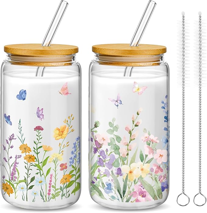 Mumufy 2 Pack Wildflower Glass Cups Gift Aesthetic Cute Glass Cup Tumbler by Mumufy