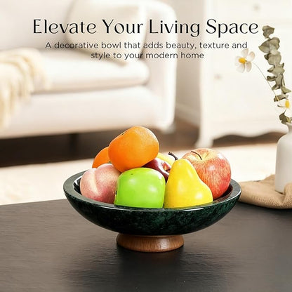 Green Marble Fruit Bowl with Acacia Wood Pedestal, Large Decorative Footed Bowl, Natural Stone Centerpiece for Kitchen Counter, Entryway, Keys, Dining Table, House Warming Gifts New Home(11Inch)