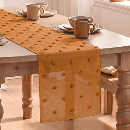 Artoid Mode Caramel Pom Pom Tulle Table Runner, Seasonal Fall Thanksgiving by ArtoidMode