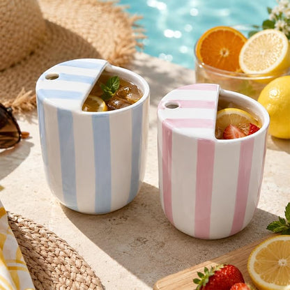 2 Pcs Ceramic Mug with Sip Hole 10 oz Novelty Pink Light Blue Striped Coffee - Image 6