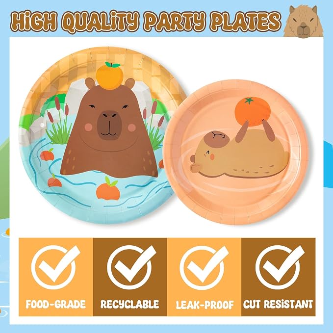96Pcs Capybara Cute Cartoon Animal Orange Party Plates Supplies Tableware - Image 3