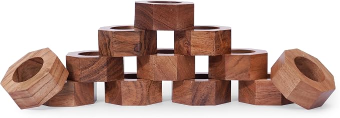 Acacia Wood Napkin Rings Set of 12 – Handmade Octagon Rustic Wooden Napkin by Lahumzco