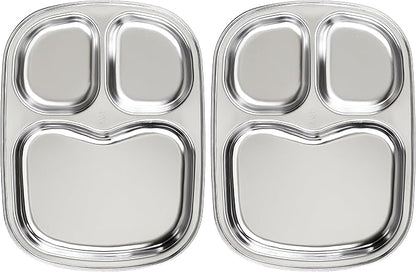 Korean Stainless Steel Divided Plates for Toddlers, Kids, Babies, Premium 304, Electro-Polished, No Black Residue, BPA-Free, 3-Compartment Plate, Food Tray for Camping, Balanced Meals, Set of 2