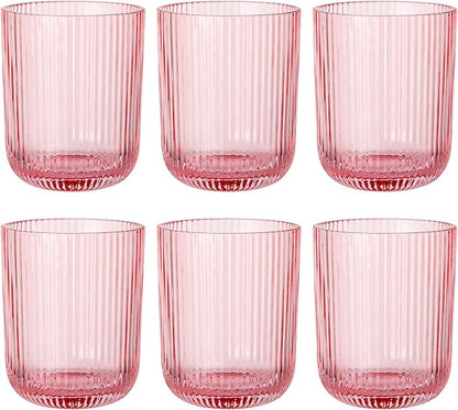 Pink Ribbed Drinking Glasses Set of 6, 8.5oz Vintage Highball Tumblers by Vintacicle