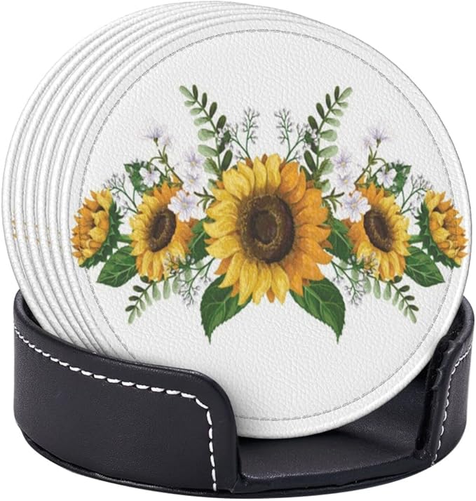 6 Pcs Sunflower Floral Leather Coasters - Image 3